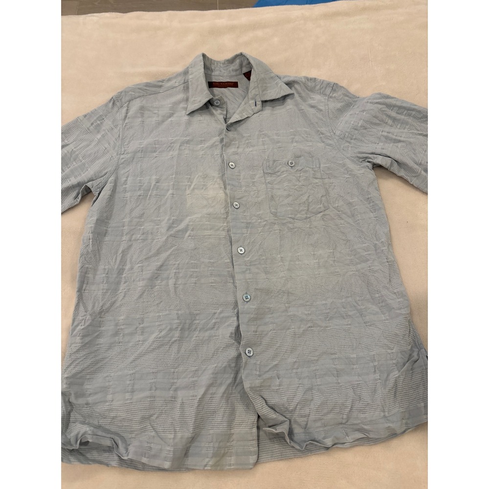Tori Richard Mens Silk Cotton Textured Grid Button Down Shirt Blue Size M